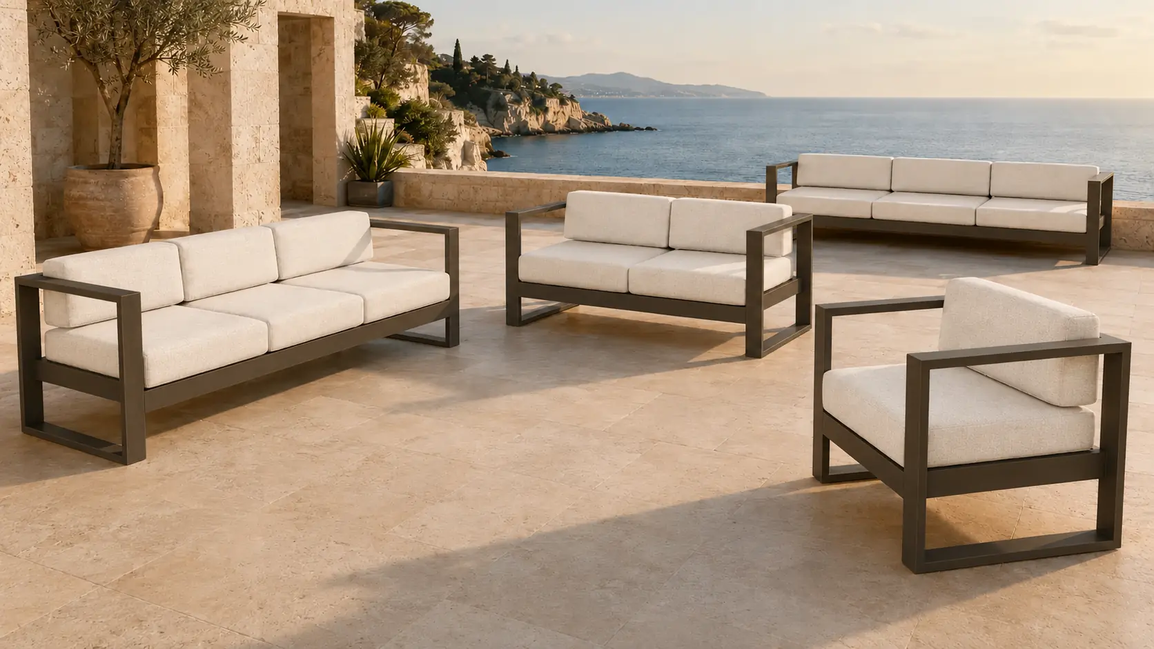 Avelune cushion seating arranged on a refined Mediterranean coastal terrace