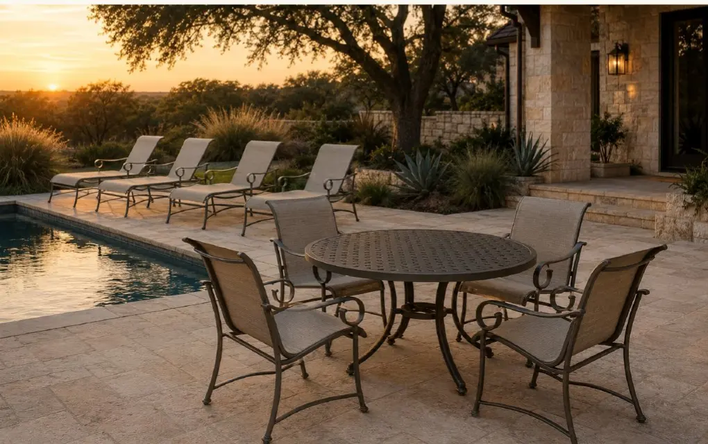 Commercial outdoor furniture arranged around a refined hospitality pool
